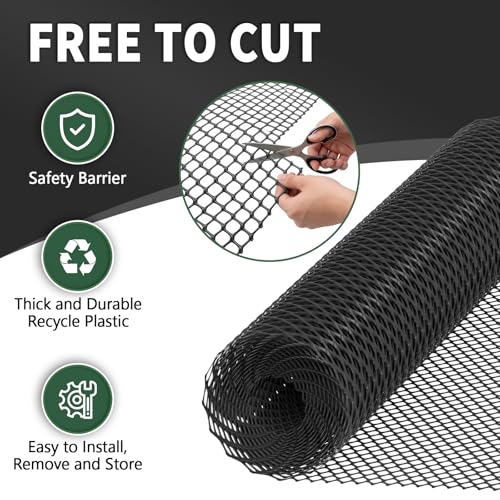 Plastic Chicken Wire Mesh Fence with Metal Stakes, 39.4in x 82ft - color: Black Diamond Grid
