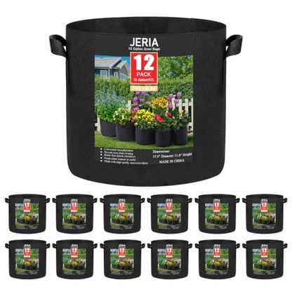 JERIA 12-Pack 15 Gallon Grow Bags, 300G Thickened Nonwoven Garden Pots,Heavy Duty Fabric Pots with Reinforced Handles - size: 15 Gallons