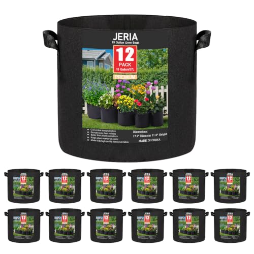 JERIA 12-Pack 15 Gallon Grow Bags, 300G Thickened Nonwoven Garden Pots,Heavy Duty Fabric Pots with Reinforced Handles - size: 15 Gallons