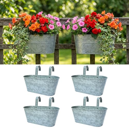 LaLaGreen Outdoor Rail Planter (11.2 in, 4 Pack) Silver Metal Hanging Pot - size: 11.2" (28 cm) x 4 Pack
