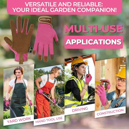 HANDLANDY Gardening Gloves for Women, Leather Garden Glove, Gardener Gift - color: Hot Pink, size: Large (Pack of 1)