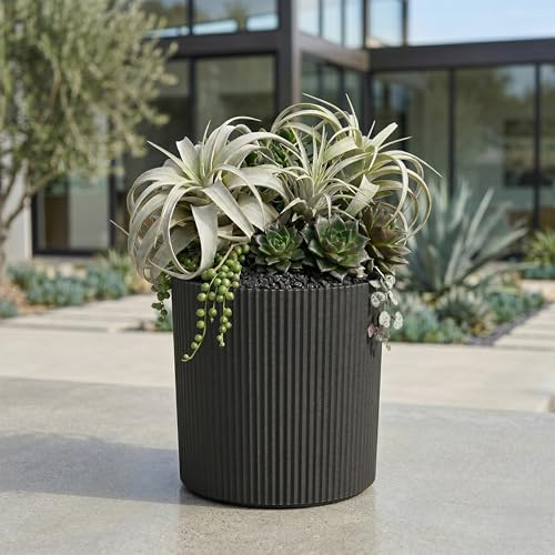 Mayne Haven 14in Round Fluted Modern Planter, Black - color: Black, size: 14in