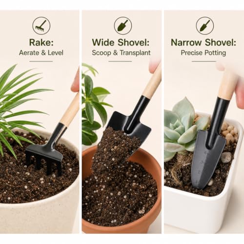 3Pcs Mini Gardening Tool Set with Wooden Handles Includes Small Hand Rake and Spade Ideal for Bonsai and Potted Plants Care