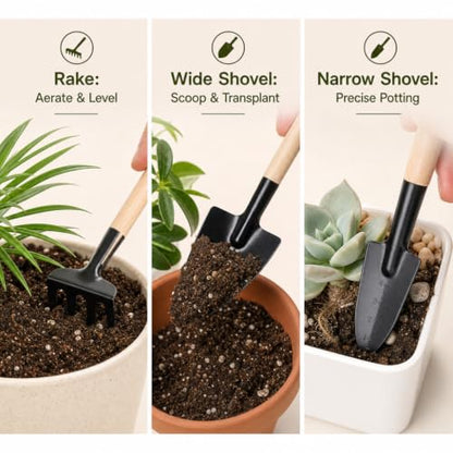 3Pcs Mini Gardening Tool Set with Wooden Handles Includes Small Hand Rake and Spade Ideal for Bonsai and Potted Plants Care
