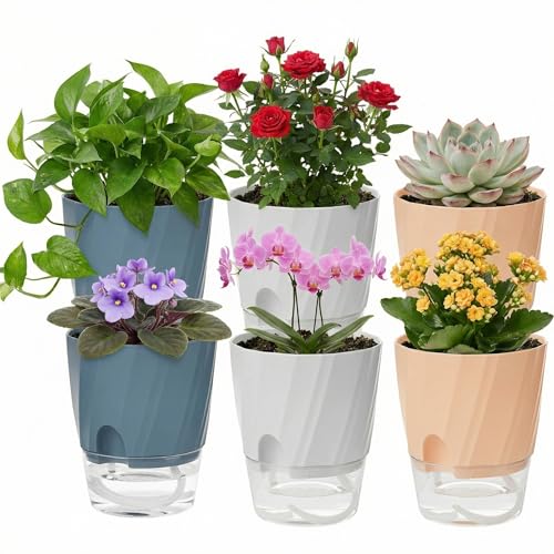 Self Watering Plant Pots 6 Inch, Indoor Planters with Wick Rope & Reservoir - color: White, Pink, Blue, size: 6 Inch Set of 6