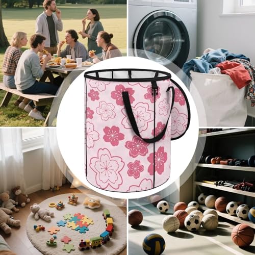 BIGCARJOB Cherry Blossoms Print Portable Trash Can Large Folding Big Trash Can with Lid Storage Bag Pop Up Trash Cans for Parties, 22.83x17.71 in - color: Cherry Blossoms Print