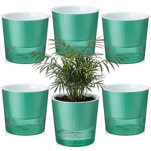 6 Pack Self Watering Pots for Indoor Plants Plastic Vertical Ribbed Semi Transparent Planters, Dual Layer Reservoir for Indoor Succulents Herbs Pothos(Green, White,6.5 x 5.9 Inch) - color: Green, White, size: 6.5 x 5.9 Inch