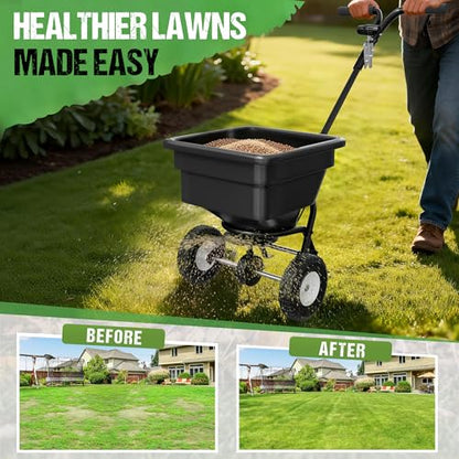 PPOLB Broadcast Spreader for Lawns, 100LB Fertilizer Spreader with 30-Level Flow Control, Walk Behind Lawn Seed & Salt Spreader, 0–10FT Coverage, Hopper Screen, Rain Cover, 12" Pneumatic Wheels - size: 100LBS