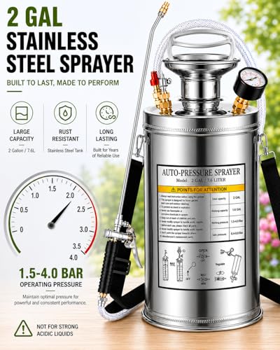 2Gal Stainless Steel Pump Up Sprayer Reinforced Hose, Hand Pump Sprayer with Pressure Gauge&Safety Valve, Adjustable Nozzle Suitable for Gardening (2 Gallon) - style: 2 Gal
