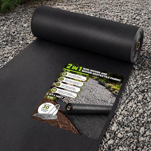 Breling 4 ft x 100 ft Geotextile Fabric Under Gravel 5 oz with 30 Stakes - size: 4ft X 100ft