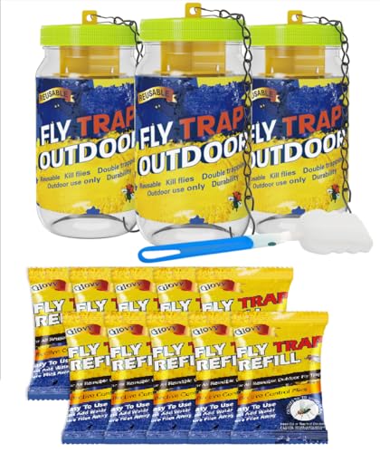 Reusable Fly Traps Outdoor Bottles & 10 Pack Fly Trap Bait Refills