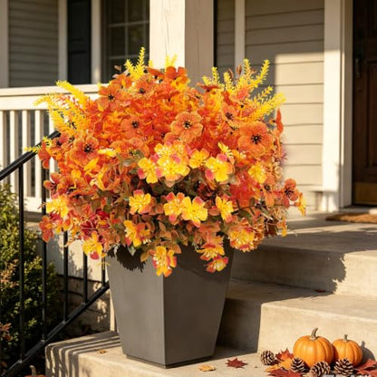 10 Bundles Artificial Mums for Outdoors Fake Fall Flowers Silk Flowers Plastic Plants UV Resistant No Fade for Outside Porch Garden Pots Planters Autumn Fall Decor (Fall)