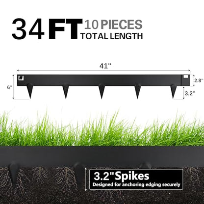 Worth Garden 10-Pack (34Ft Total) Galvanized Steel Landscape Lawn Edging - 6 in. H Bendable Metal Strips - Hammer-in 18-Gauge Flexible Black Edging Border - Yard Pathway Divider - Buckle Connection