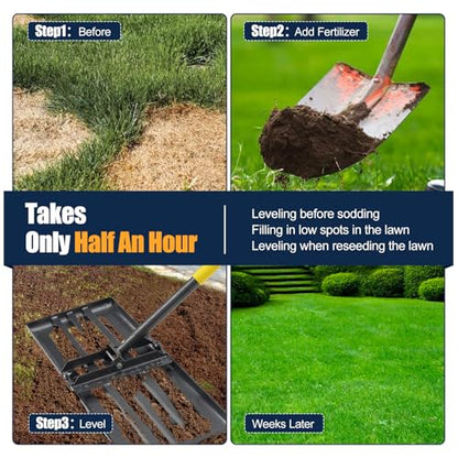 Professional Lawn Leveling Rake 30x10 Heavy Duty - Oversized Leveling Tool with 80" Stainless Steel Handle, Foldable Landscape Grading Rake for Soil Sand Topdressing & Seeding - size: 30x10"(Foldable), 80"