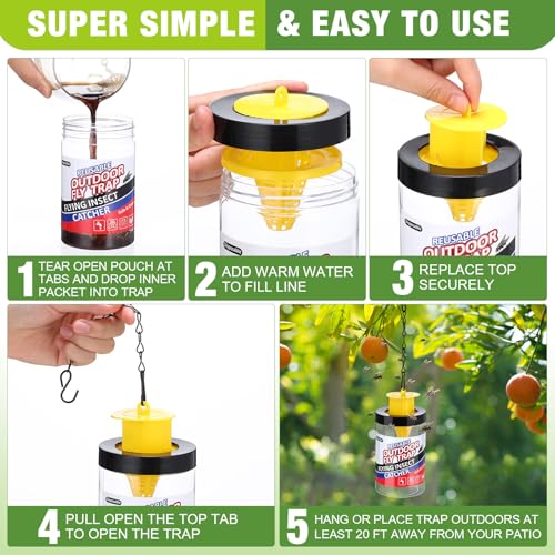Qualirey 4 Pcs Fly Traps Outdoor Reusable Hanging Fly Jar Trap Gnat Bug Catcher Killer for All Flies Outside Filth Flies Insect Bug Control Patios Yard Ranch Barns(Yellow) - color: Yellow