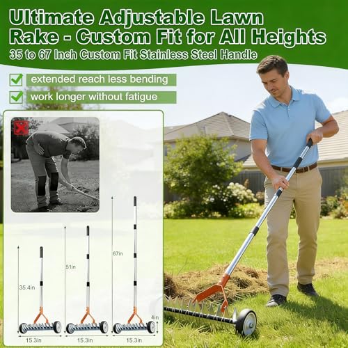 Adjustable Thatch Rake with Wheels - 38"-65" Handle, 21 & 11 Dual-Sided Steel Tines, Heavy-Duty Lawn Dethatching Rake for Cool & Warm Season Grass, Landscape and Lawn Care
