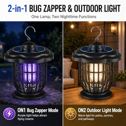 Rechargeable Outdoor Bug Zapper, 2000V Grid, Solar Panel, 365nm Light