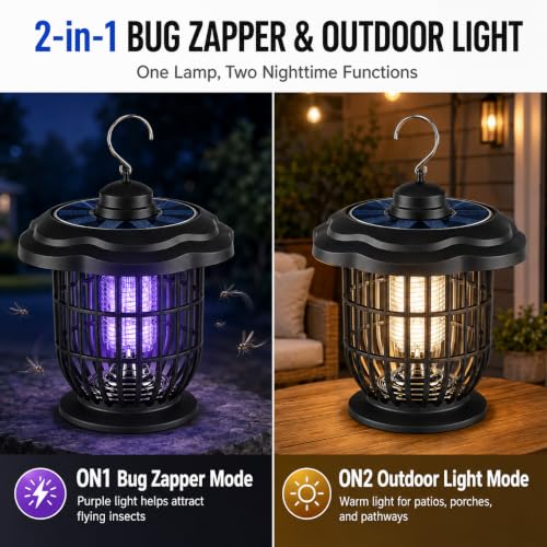 Rechargeable Outdoor Bug Zapper, 2000V Grid, Solar Panel, 365nm Light