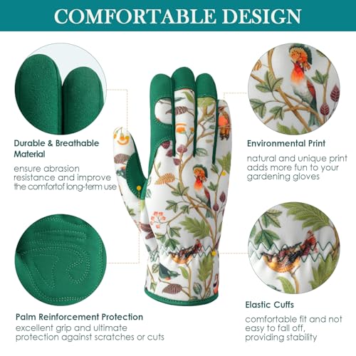 Gardening Gloves for Women, Breathable Leather Garden Gloves,Gardening Gift - color: White - Flowers Birds