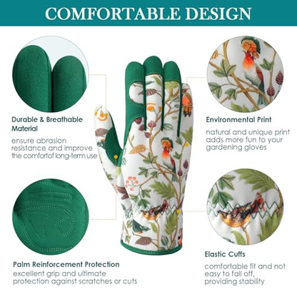 Gardening Gloves for Women, Breathable Leather Garden Gloves,Gardening Gift - color: White - Flowers Birds