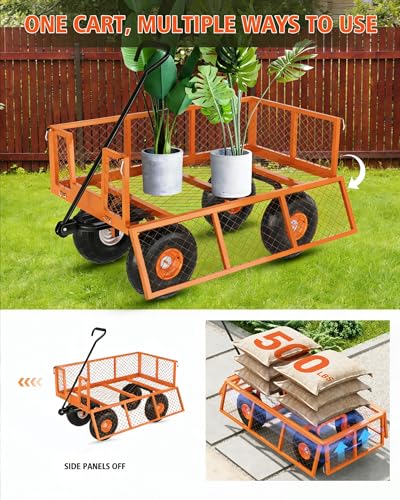 900 LBS Heavy Duty Steel Garden Cart, 3-in-1 Yard Wagon, 10" Air Tires - color: Orange, size: 900LBS