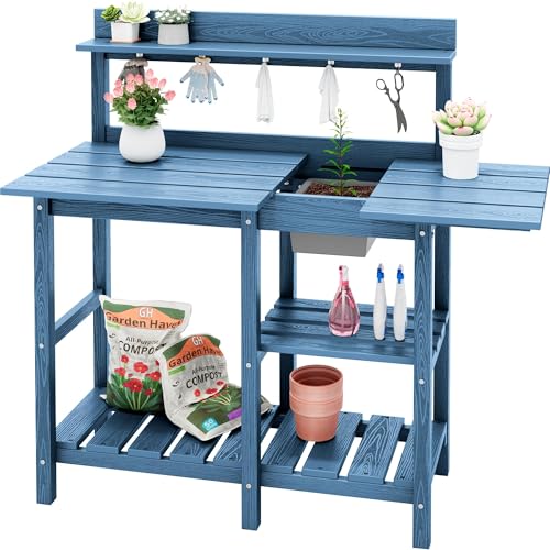 SERWALL Outdoor Potting Bench with Removable Sink,Gardening Table,Blue - color: Blue, size: Classic