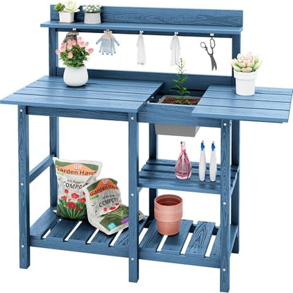 SERWALL Outdoor Potting Bench with Removable Sink,Gardening Table,Blue - color: Blue, size: Classic