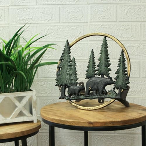 Zeckos Garden Hose Holder Black Bears in Forest 11 Inch Cast Iron - color: Bears - Green