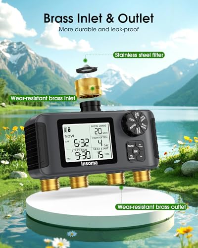 Insoma 4 Zones Sprinkler Timer with Brass Inlet & Outlet, Water Timer for Garden Hose with Auto/Manual/Rain Delay Mode, Hose Timers for Irrigation Watering System for Yard, Lawn, Plant Watering - color: Grey Black, size: 4 Outlets