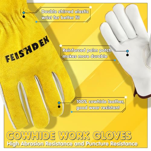 Leather Work Gloves, Puncture Proof Garden Gloves for Women, Heavy Duty Safety Working Gloves for Men - color: Yellow+white-3 Pairs, size: X-Large
