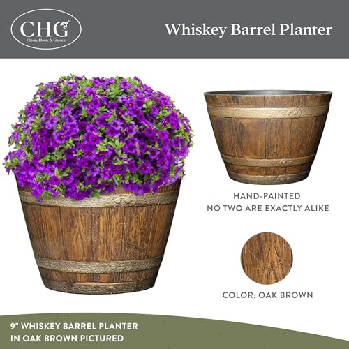 Classic Home and Garden Outdoor Round Whiskey Resin Flower Pot Barrel Planter, Distressed Oak Brown, 20.5" (Pack of 3) - color: Distressed Oak Brown, size: 20.5 Inch (Pack of 3), style: Rustic