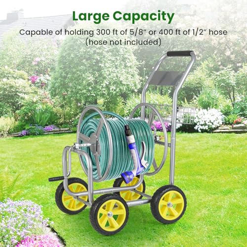 Goplus Garden Hose Reel Cart, 300 ft 5/8" or 400 ft 1/2", Heavy-Duty Metal Hose Cart w/ 4 Wheels, Storage Basket, Portable Water Hose Organizer for Yard Planting Lawn - color: Silver, size: 300 FT 5/8" Hose