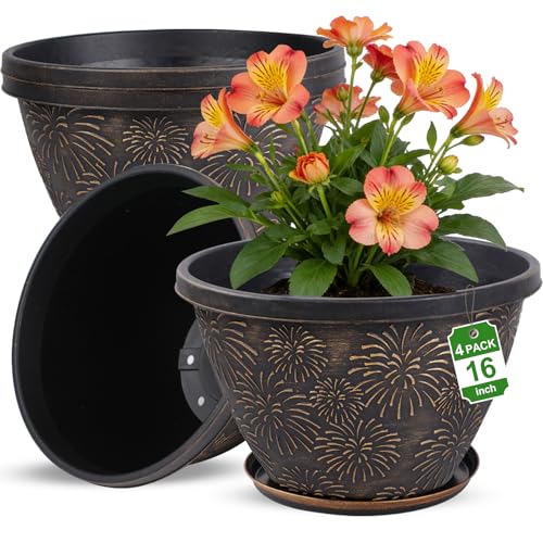 Nooulap 4 Pack 16 Inch Large Plant Pots with Drainage Holes and Saucers - color: Firework Imitation, size: 16 inch