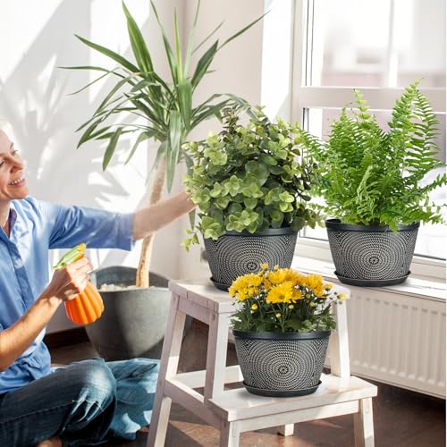 Quarut 10 Inch Flower Pots for Outdoor Indoor, 3 Pack Plastic Plant Pots - color: Circular Pattern-brown, size: 10 inch-3 Pack