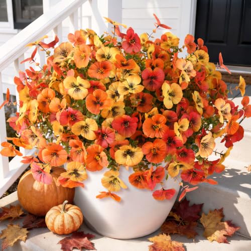 Artificial Pansy Faux Fall Flowers Plants for Outdoors Porch Decoration - color: Orange Autumn Sunset Red