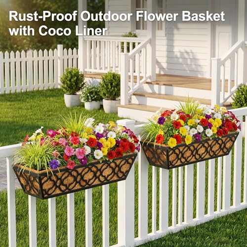 HFHOME 4 Pcs 30" Window Box Deck Railing Planter Box with Horse Trough Coco Liners, Black Metal Hanging Flower Planters Baskets for Indoor, Outdoor, Balcony, Porch, Fence, Patio, and Lawn - size: 30 Inch 4-Pack Flower-Pattern