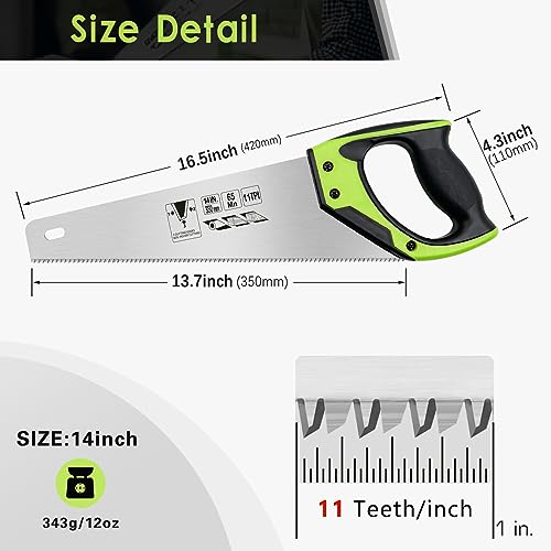 14 Inch Wood Hand Saw, 11 TPI Universal Handsaw Non-slip Ergonomic Handle Rustproof Wood Saw - color: 14 Inch Green