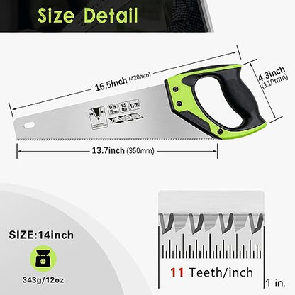 14 Inch Wood Hand Saw, 11 TPI Universal Handsaw Non-slip Ergonomic Handle Rustproof Wood Saw - color: 14 Inch Green