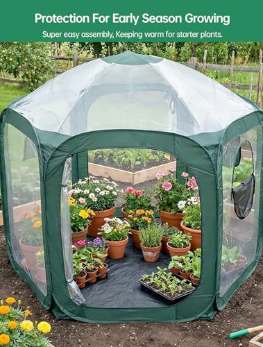 Porayhut Pop up Greenhouse Tent,Portable Large Walk-in Plant House 10’X10’ ,Indoor Outdoor Gardening Plant Sunshine Room with PVC Mesh Cloth Cover for Protecting Plant from Cold Frost & Birds - style: 90.6"Tall Green Greenhouse