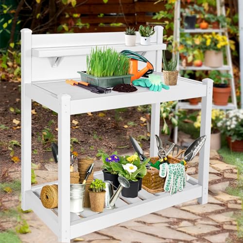 EAGLE PEAK Potting Bench, Weatherproof Vinyl Potting Table for Outdoor & Indoor Use, Easy Clean Garden Workstation with Storage Shelves, White, 40"