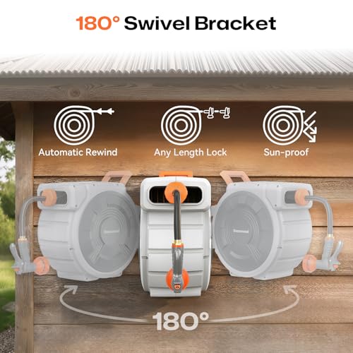 Retractable Garden Hose Reel, 1/2 Inch x 85 ft Wall Mounted, Heavy Duty Garden Hose Reel with 9 Patterns Nozzle, Any Length Lock, Upgraded Slow Return System and 180°Swivel Bracket (1/2" 85FT) - size: 1/2" 85FT
