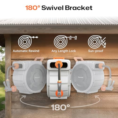 Retractable Garden Hose Reel, 1/2 Inch x 85 ft Wall Mounted, Heavy Duty Garden Hose Reel with 9 Patterns Nozzle, Any Length Lock, Upgraded Slow Return System and 180°Swivel Bracket (1/2" 85FT) - size: 1/2" 85FT