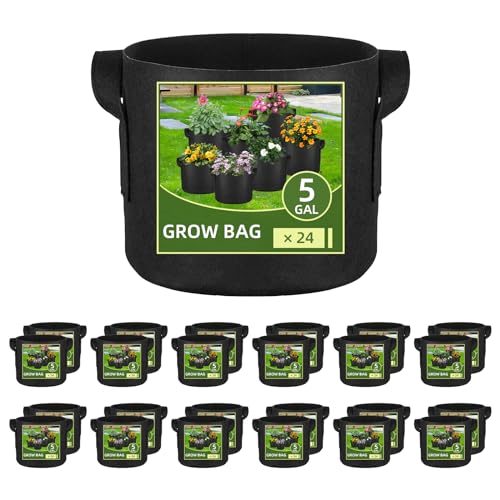 24 Pack 5 Gallon Grow Bags, Heavy Duty Thickened Aeration Fabric Pots with Handles for Vegetable/Flower/Plant - size: 5 Gallon