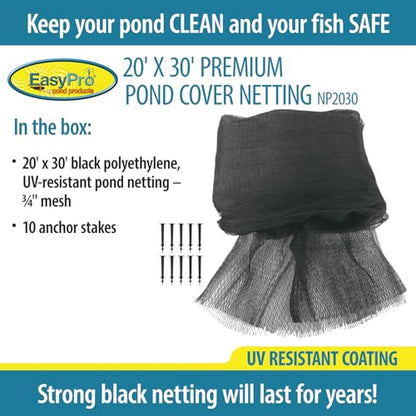 EasyPro NP2030 Premium 3/4-Inch Pond Cover Netting, 20-Foot x 30-Foot with 12 Stakes - size: 20' x 30' with 10 stakes, style: Standard 3/4" Mesh