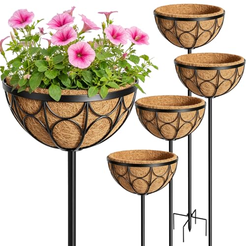 4 Pack 12 Inch Hanging Plant Baskets with Adjustable Stands, 22 - 46 Inch Adjustable Height Metal Flower Pots with Natural Coco Liners, Heavy Duty Wire Planters for Lawns, Patios and Wedding Decor