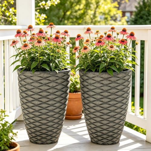 2-Pack 19" Rustic Black Resin Tall Planters with Wave Texture - color: 19"h-rustic Black Wavy
