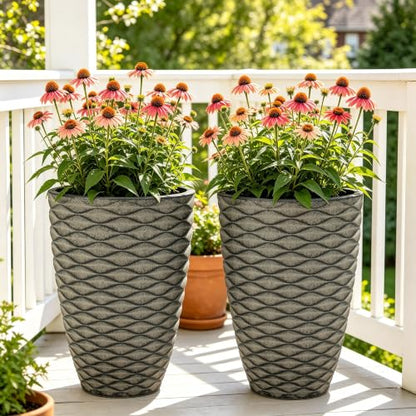 2-Pack 19" Rustic Black Resin Tall Planters with Wave Texture - color: 19"h-rustic Black Wavy