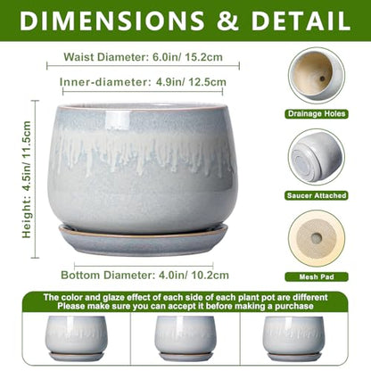 Ceramic Plant Pots 6 Inch, Indoor Flower Pots, Grey-White - size: 6 Inch, style: Grey-white