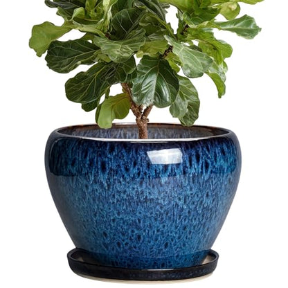 10 Inch Plant Pot, Ceramic Planter with Drainage and Saucer, Blue - color: Blue, size: 10 Inch
