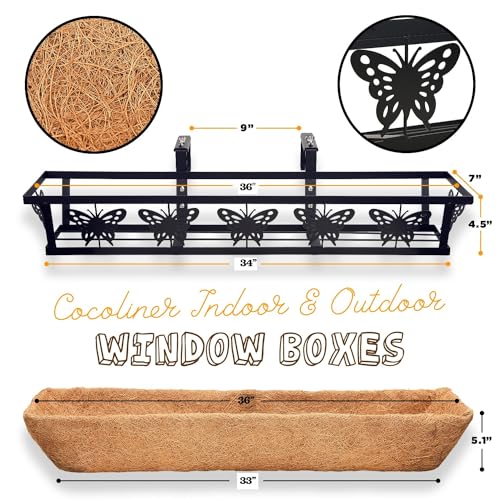 4-Pack 36IN Window Box Railing Hanging Planter Coco Liner Basket - color: 36in - Set 4